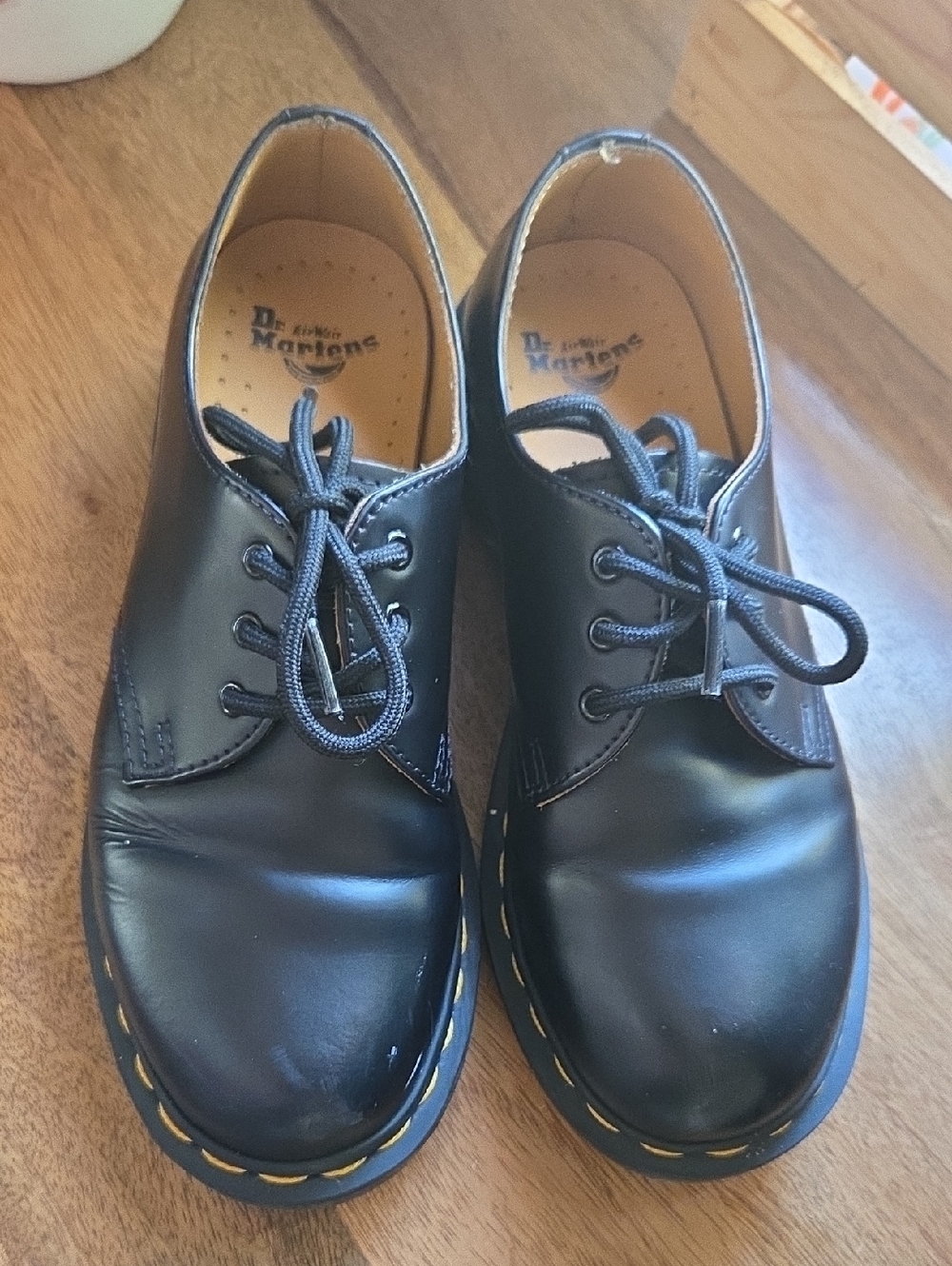 Dr. Martens Black 3-Eye Lace Shoes with Yellow Stitching